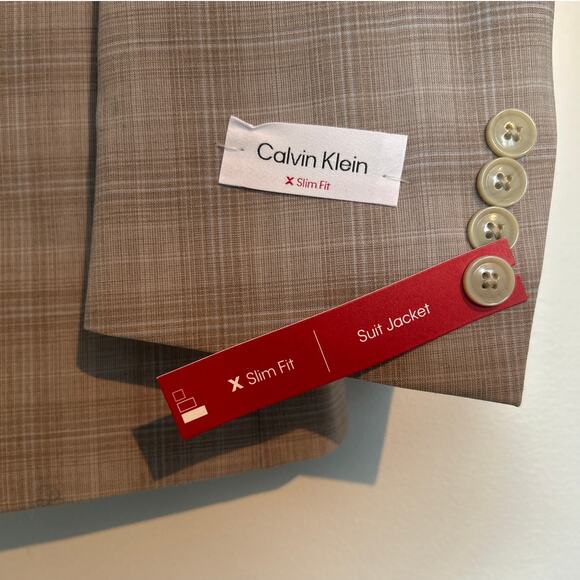 NWT Calvin Klein Slim Fit Stretch Sport Coat Blazer – Beige Plaid, Men’s 36R - Picture 6 of 8